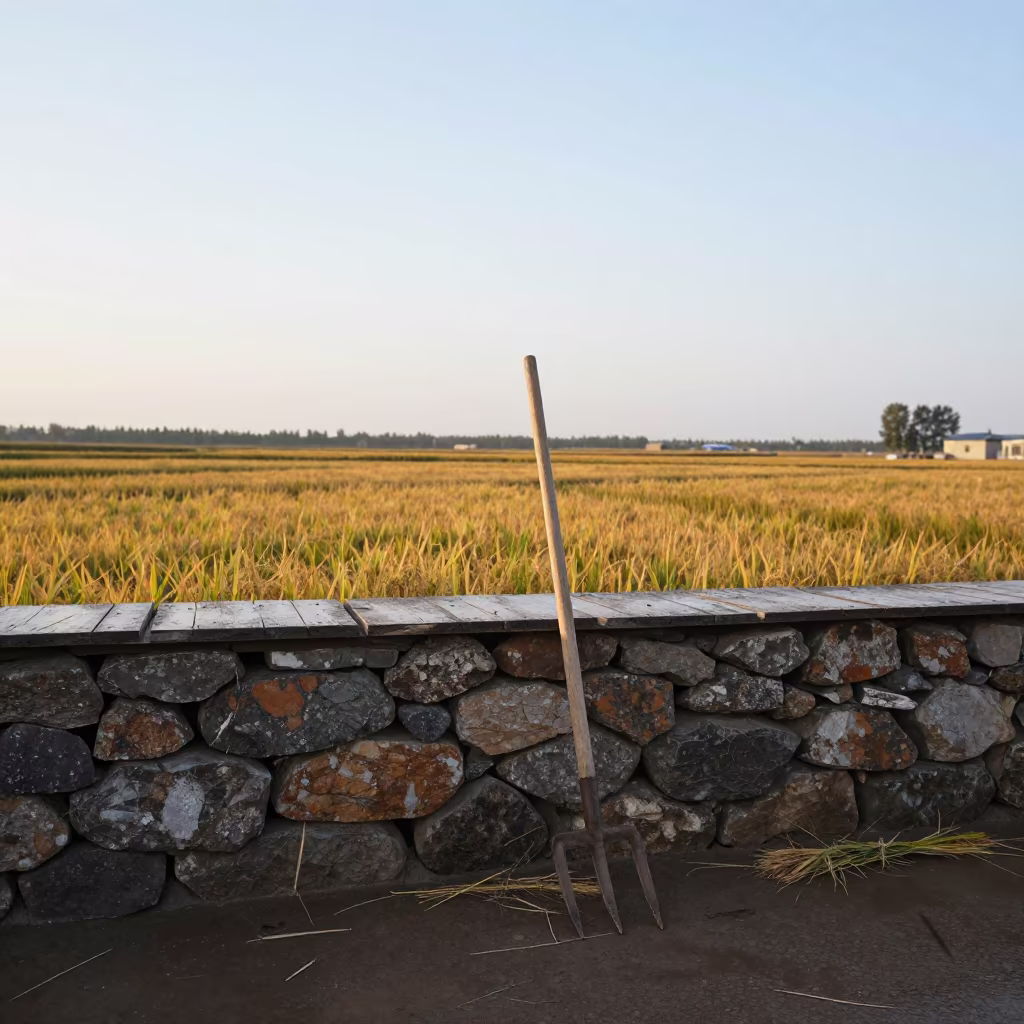 Wooden Hay Fork Leaning Stone Wall Terraced Paddies in among terraced rice paddies near Hohhot