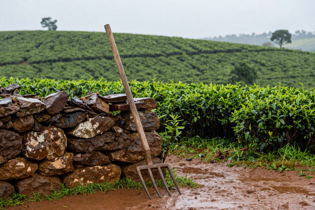Wooden Hay Fork Leaning Stone Wall Mozambique Rain in at the edge of a tea plantation in Mozambique