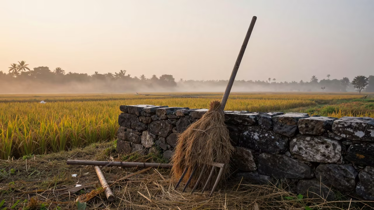 Wooden Hay Fork Against Stone Wall at Sunrise in among terraced rice paddies in Madhya Pradesh