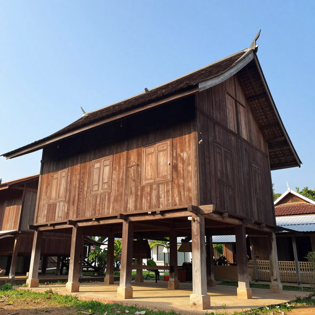 Wooden House in Chiang Mai at Bright Midmorning Light in in Chiang Mai, Thailand