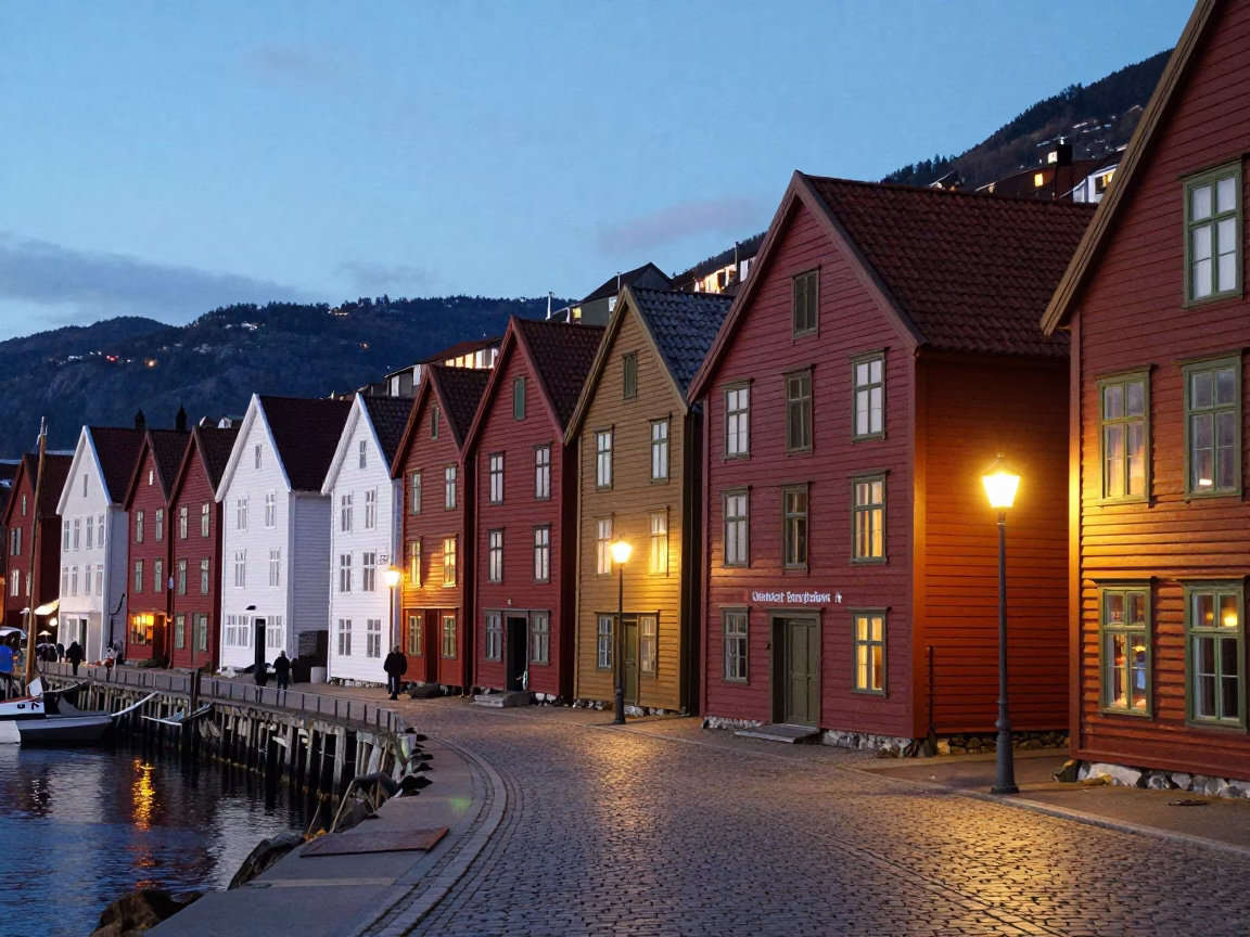 Wooden Houses in Bergen at As City Lights Begin To Glow in in Bergen, Norway