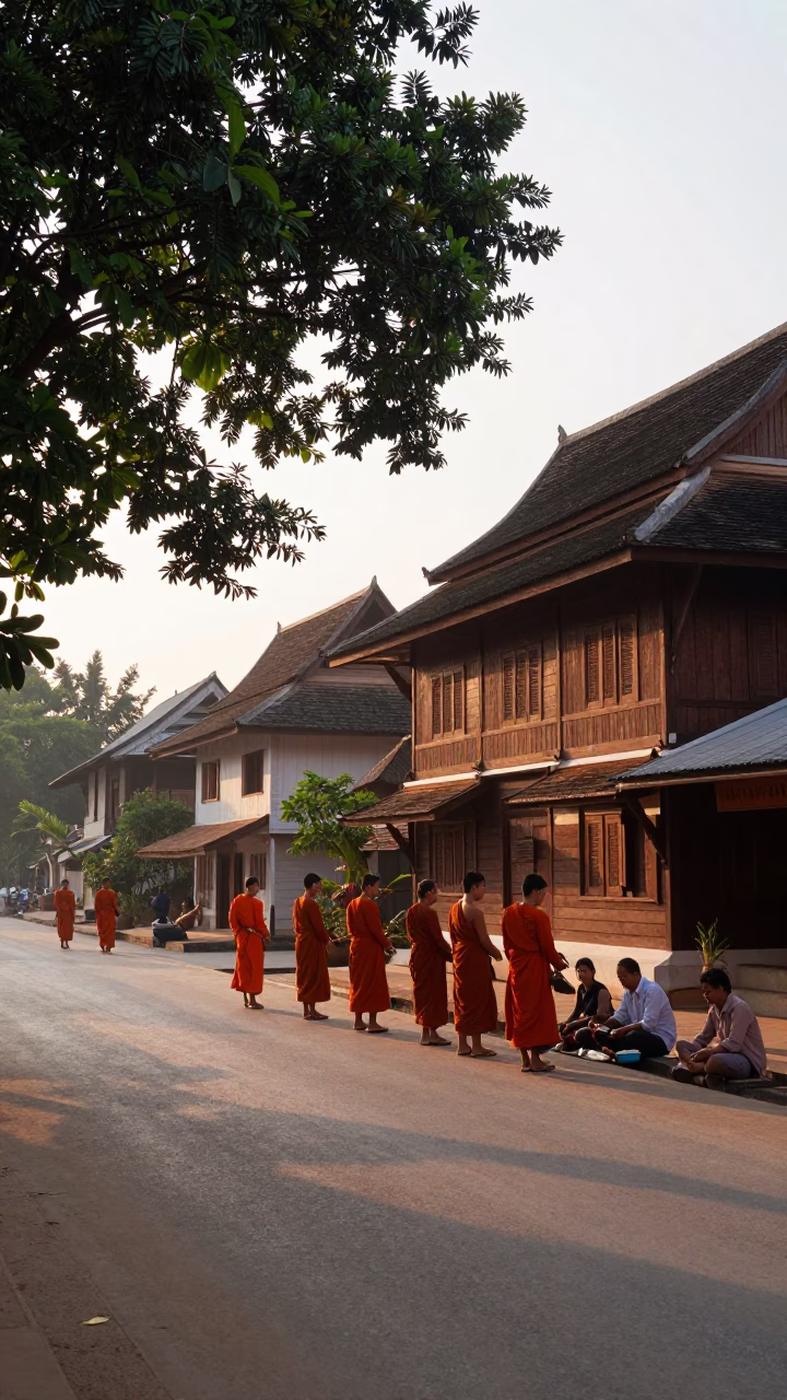 Wooden Houses in Luang Prabang at The Early Morning Light in in Luang Prabang, Laos