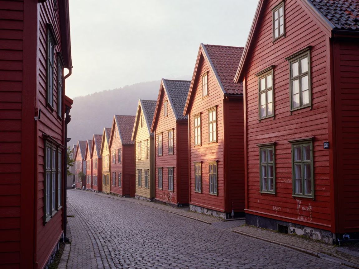 Wooden Houses just after sunrise in Bergen in in Bergen, Norway