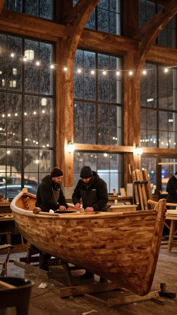 Wooden Hull Shaping in New York Hall Night in in a ceremonial hall in New York