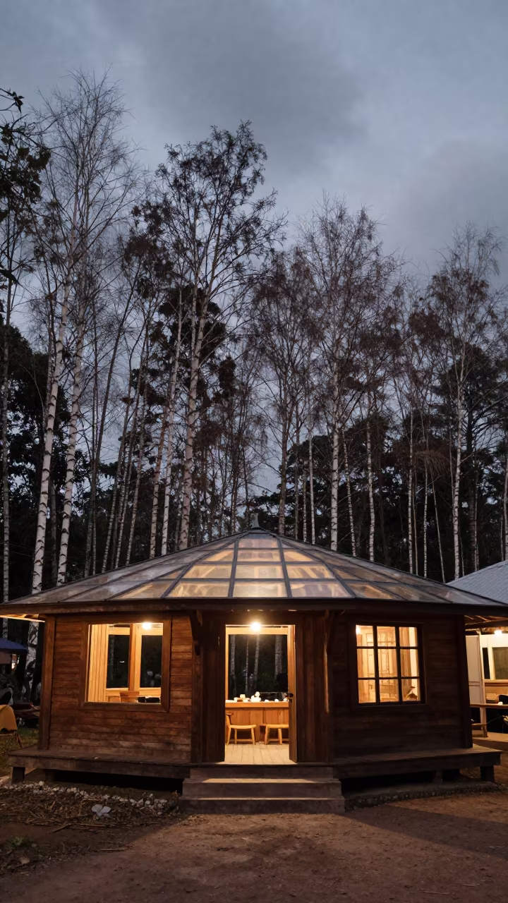 Wooden Izba Cottage in Chiang Mai Night Bazaar Arcade in inside a glass-roofed arcade in Night Bazaar, Chiang Mai