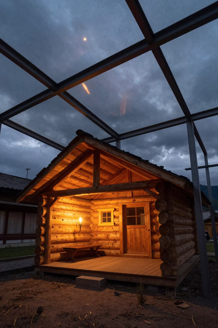 Wooden Izba Cottage in Glass Arcade Night in inside a glass-roofed arcade near Ambato