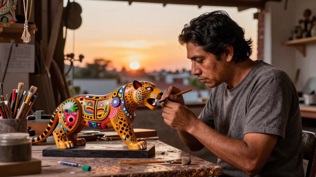 Wooden Jaguar in Guadalajara at Sunset Light in in Guadalajara, Mexico