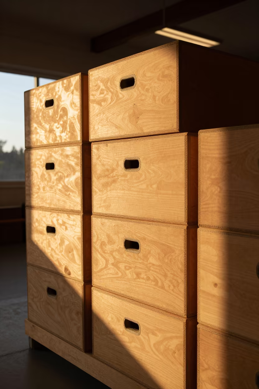 Wooden Jump Box Stack in Golden Hour in inside a yoga studio before the session begins in Bahawalpur