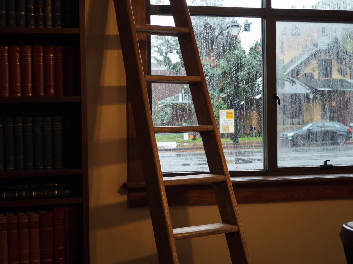 Wooden Ladder Leaning Against Leather Books in beside a rain-streaked window near Santa Clara