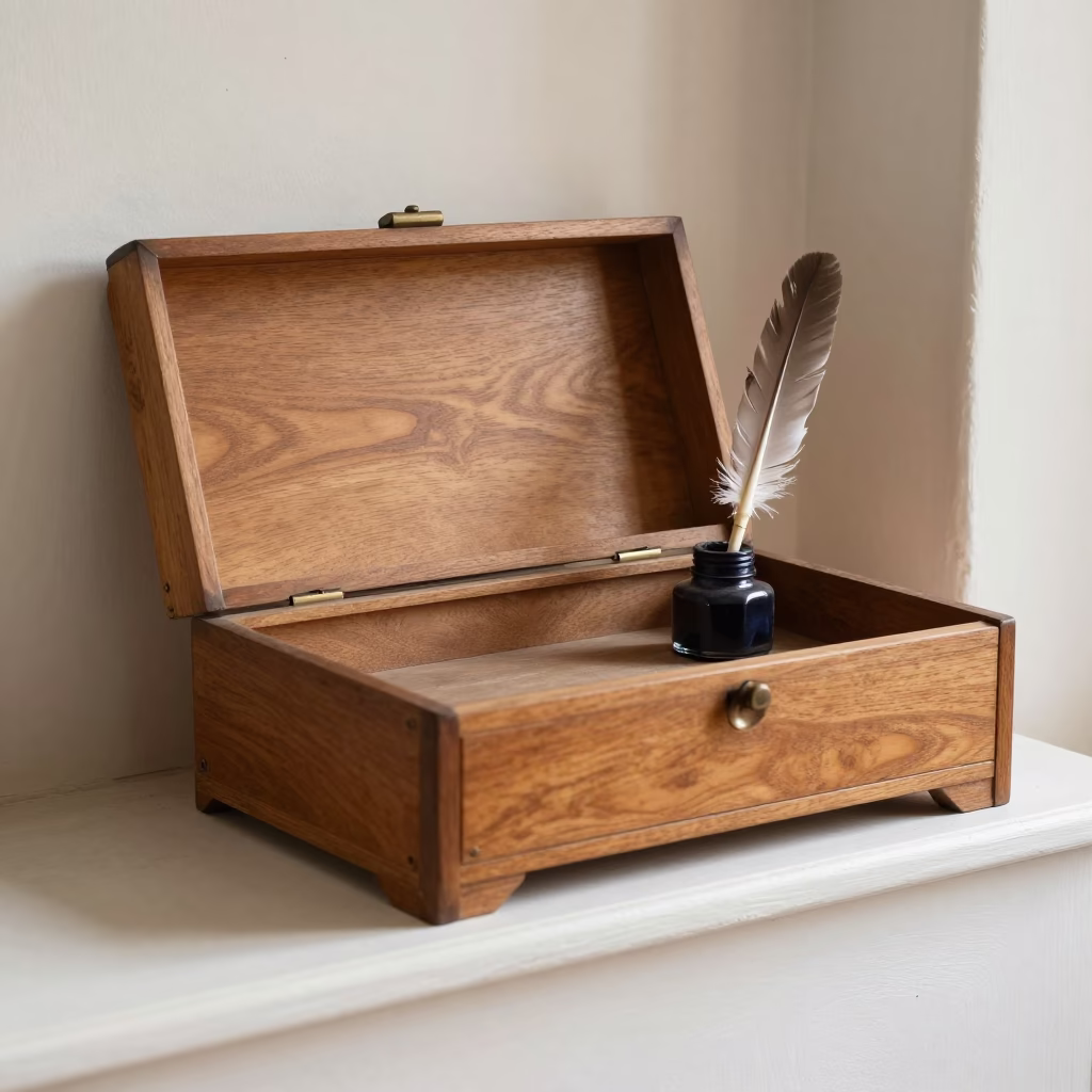 Wooden Lap Desk with Quill and Inkwell in Rawalpindi in on a painted display ledge near Rawalpindi