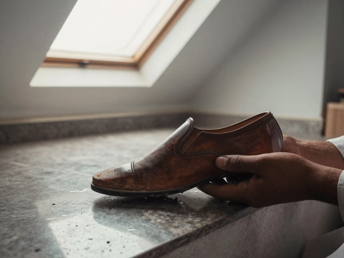 Wooden Last and Half-Made Shoe on Stone Ledge in on a stone ledge in Sheikhupura