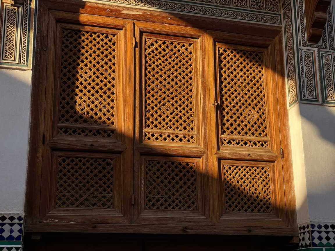 Wooden Lattice in Fez at As First Light Reaches The Scene in in Fez, Morocco