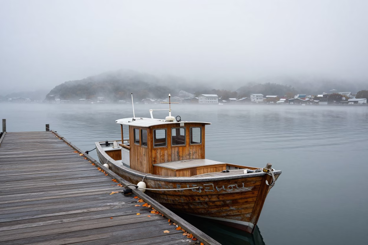 Wooden Lobster Boat in Foggy Osaka Harbor in beside a fogbound harbor mouth near Osaka