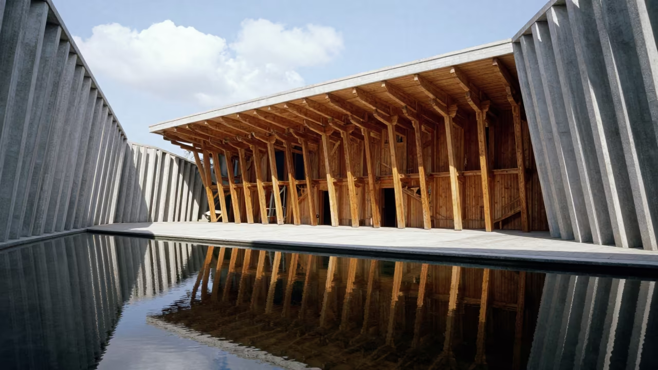Wooden Longhouse in Harbin Concrete Lobby in inside a ribbed concrete lobby near Harbin