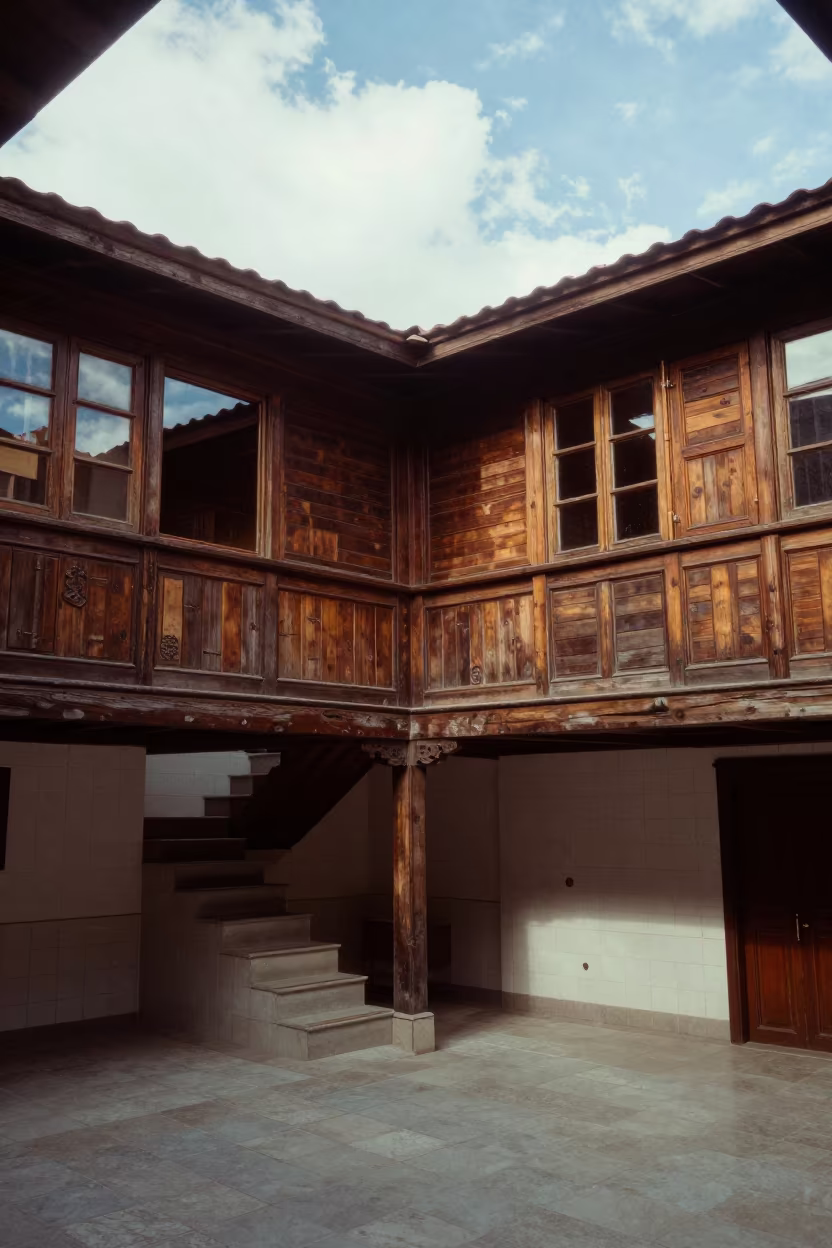 Wooden Longhouse in Santiago Stair Hall in inside a tiled stair hall near Lastarria, Santiago