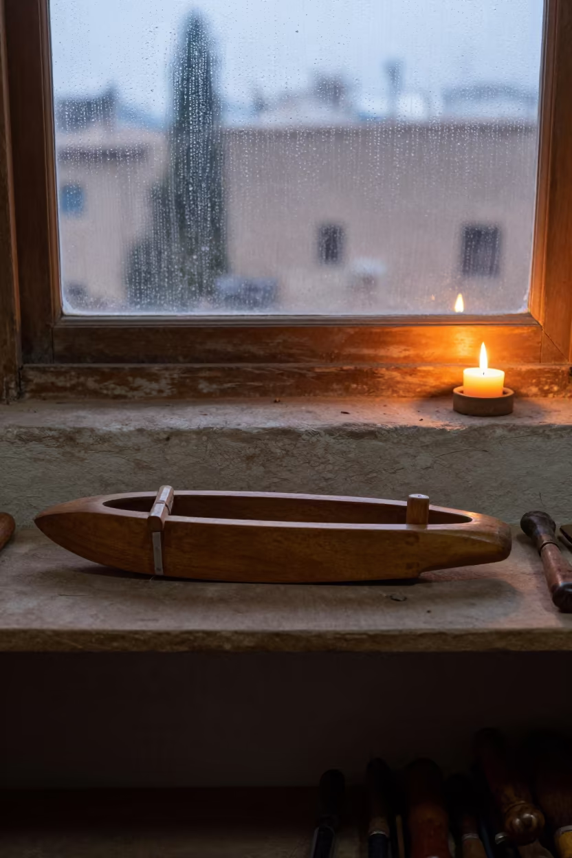 Wooden Loom Shuttle on Workshop Shelf in Sana'a in on a workshop shelf in Sana'a