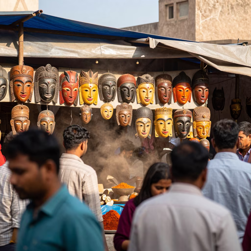Wooden Masks Displayed at Bhilai Craft Market Stall in at a market stall in Bhilai