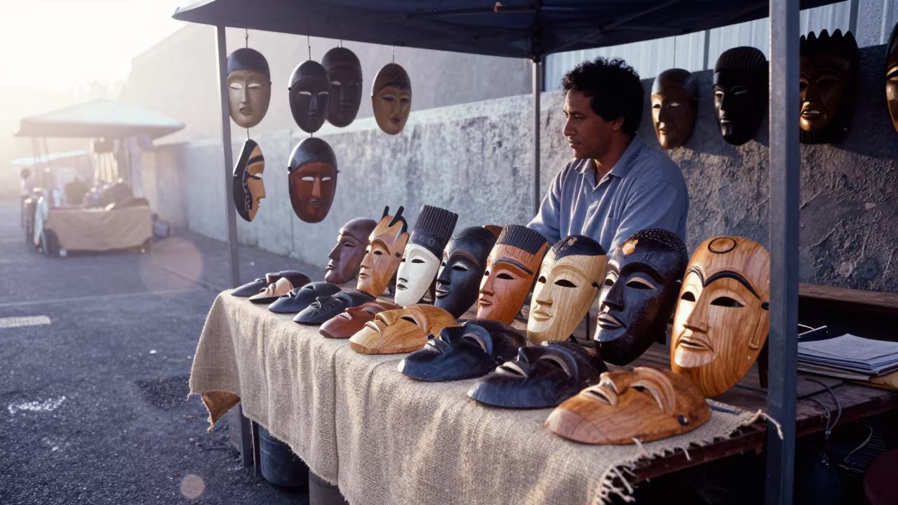 Wooden Masks at Cape Town Dawn Market in at a market stall in Cape Town