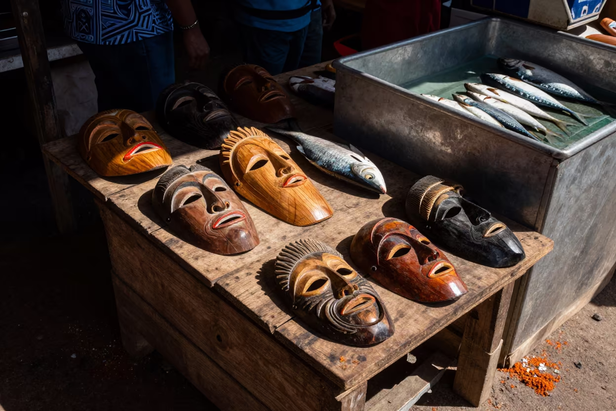 Wooden Masks at Fish Market Santiago in beside a fish counter in Santiago de Cuba