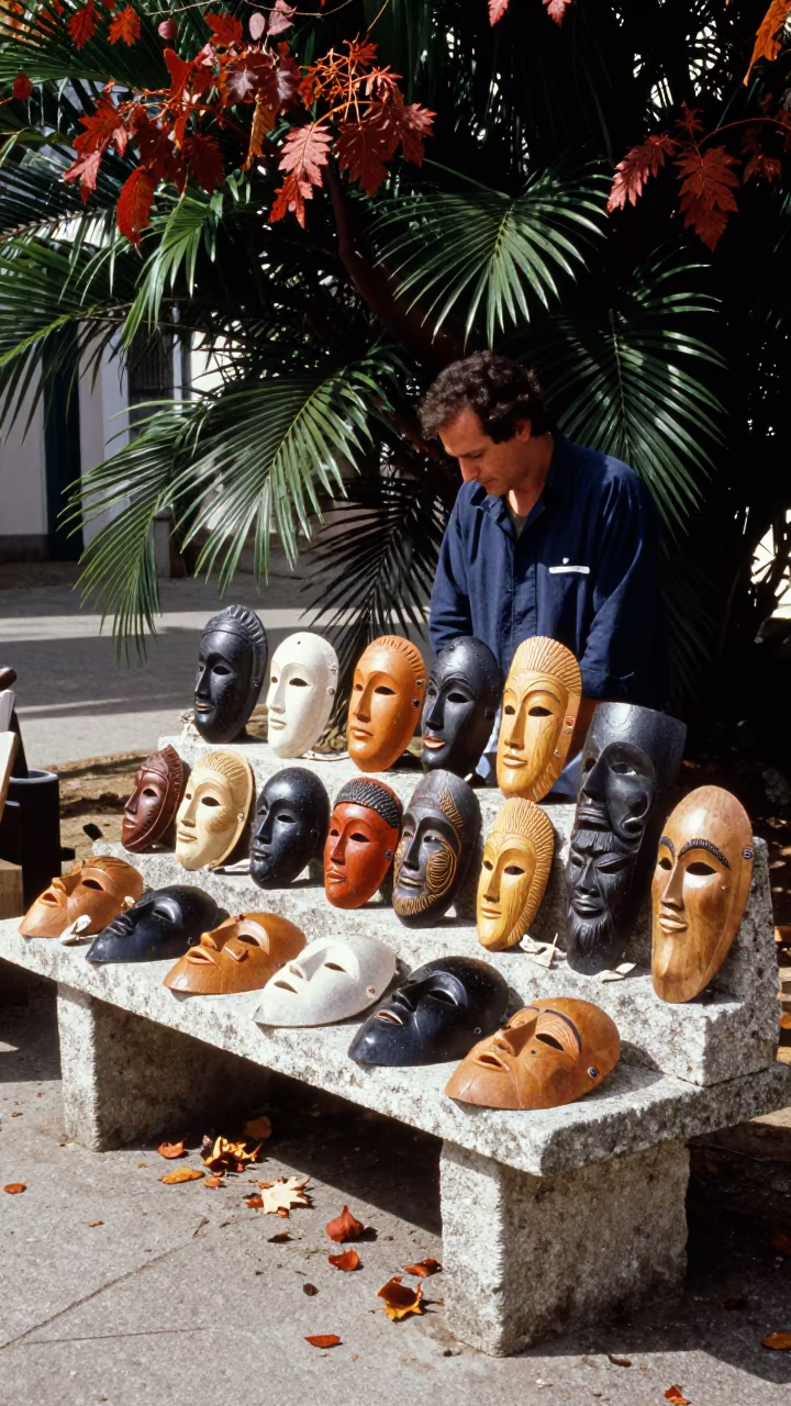 Wooden Masks at Flower Auction Bench Coimbra in at a flower auction bench in Coimbra