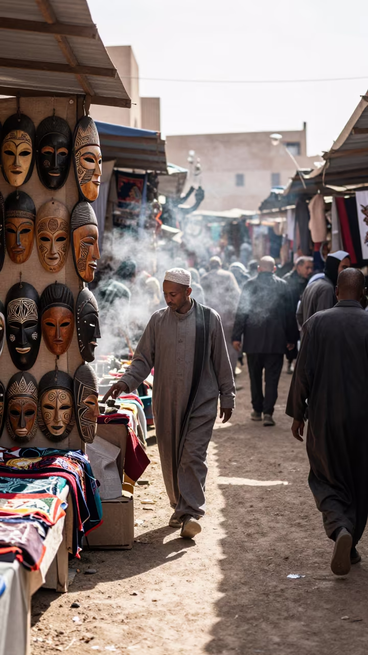 Wooden Masks Vendor Ouargla Market Lane in in a flea market lane in Ouargla