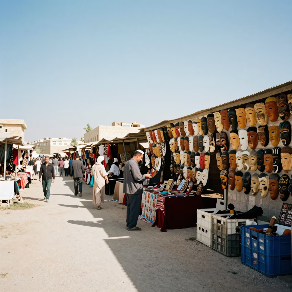 Wooden Masks Vendor in Zarqa Market Lane in in a flea market lane in Zarqa