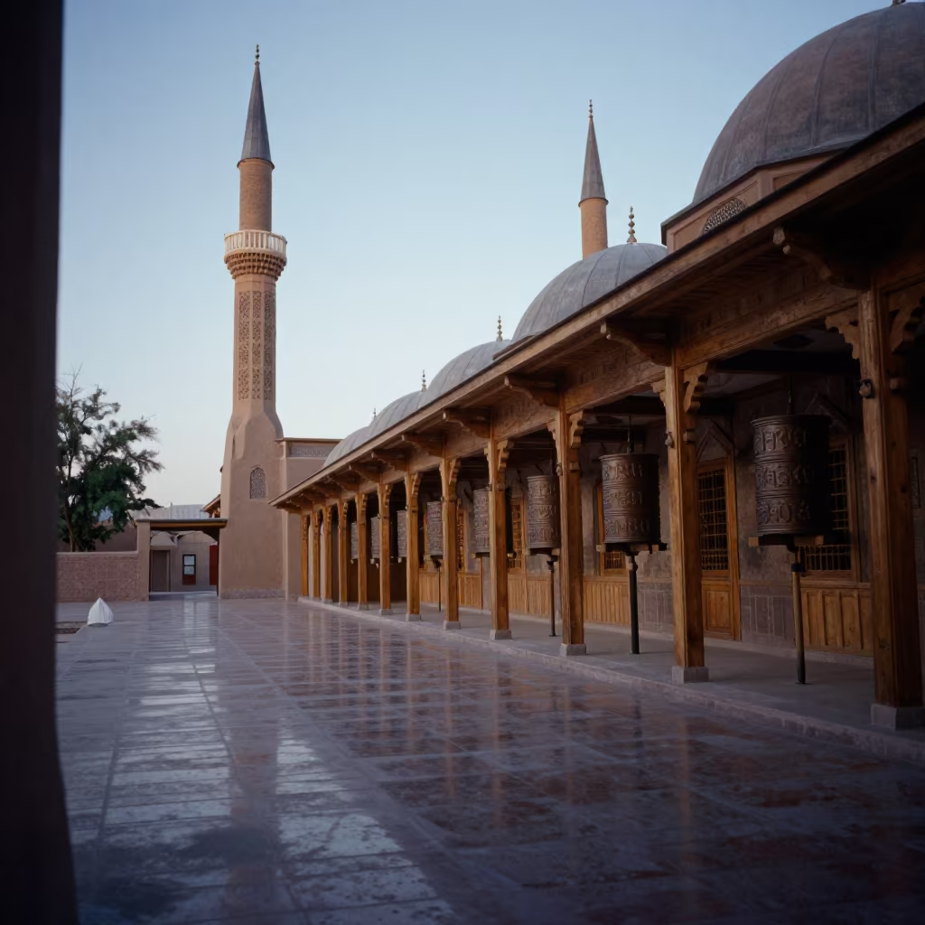 Wooden Mosque with Mud Minarets in Phoenix Hall in beside a prayer wheel corridor in Phoenix