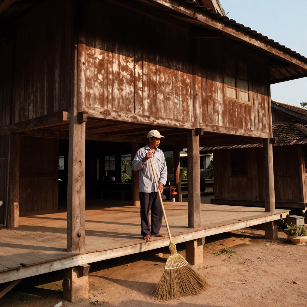 Wooden Porch at The Late Afternoon Light in Luang Prabang in in Luang Prabang, Laos