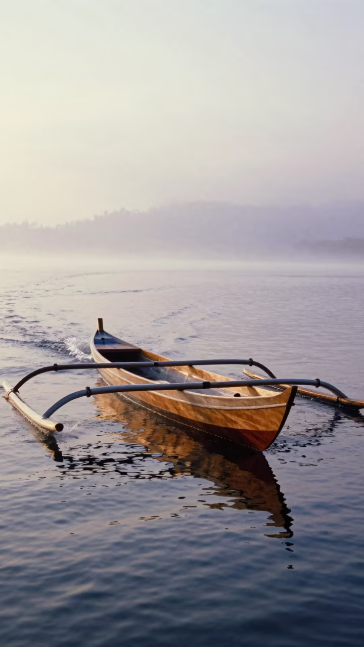 Wooden Prau Ferry Cuts Misty Dawn Waves in across a remote ferry crossing near Yogyakarta