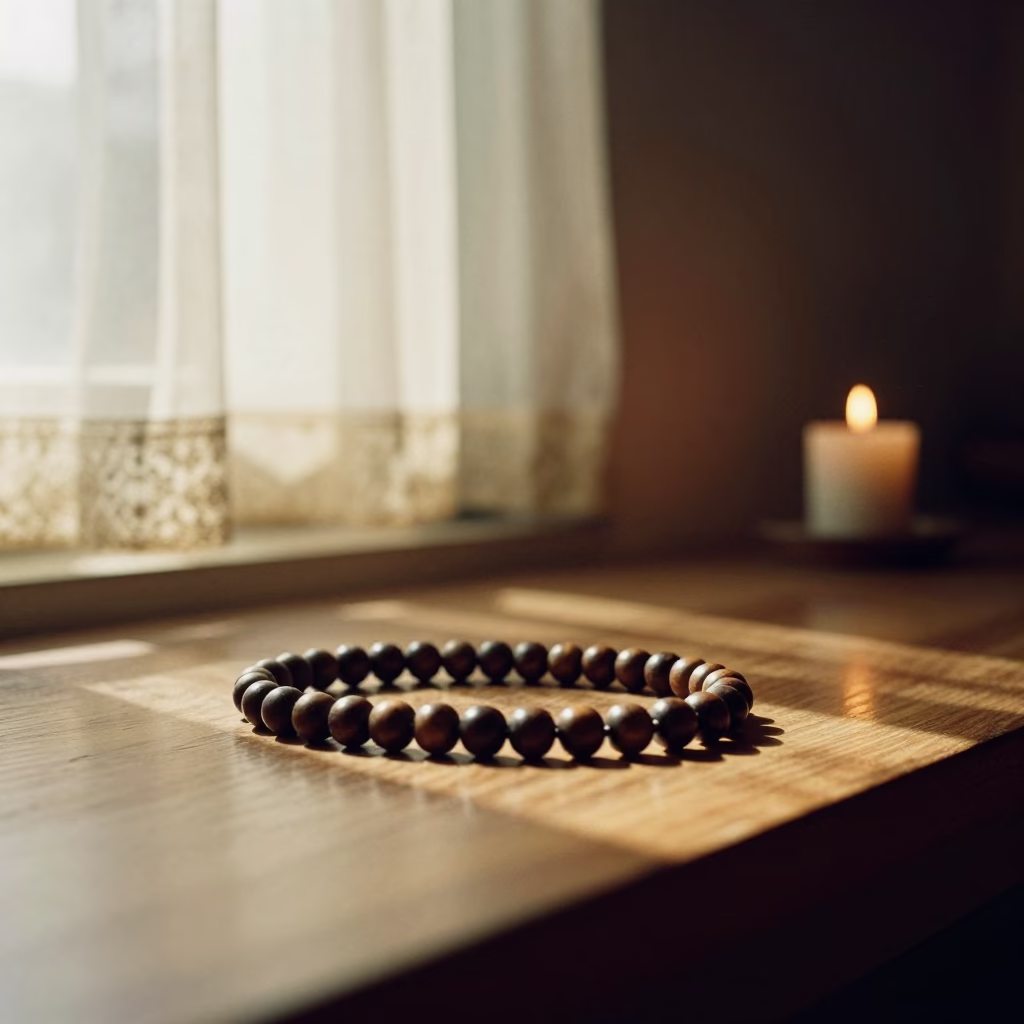 Wooden Prayer Beads in Delhi Nave Morning Light in inside a candlelit nave in Delhi