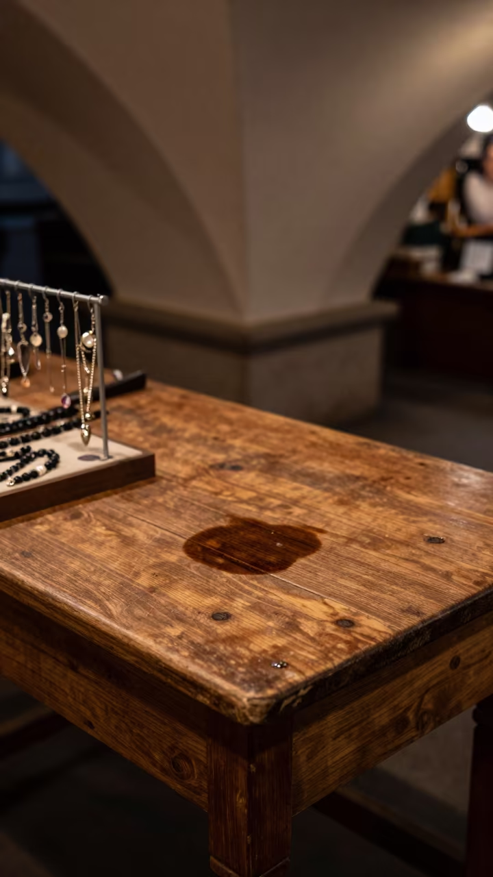Wooden Ring Stain Candlelit Bazaar Night in at a jewelry counter inside a covered bazaar near Hamburg