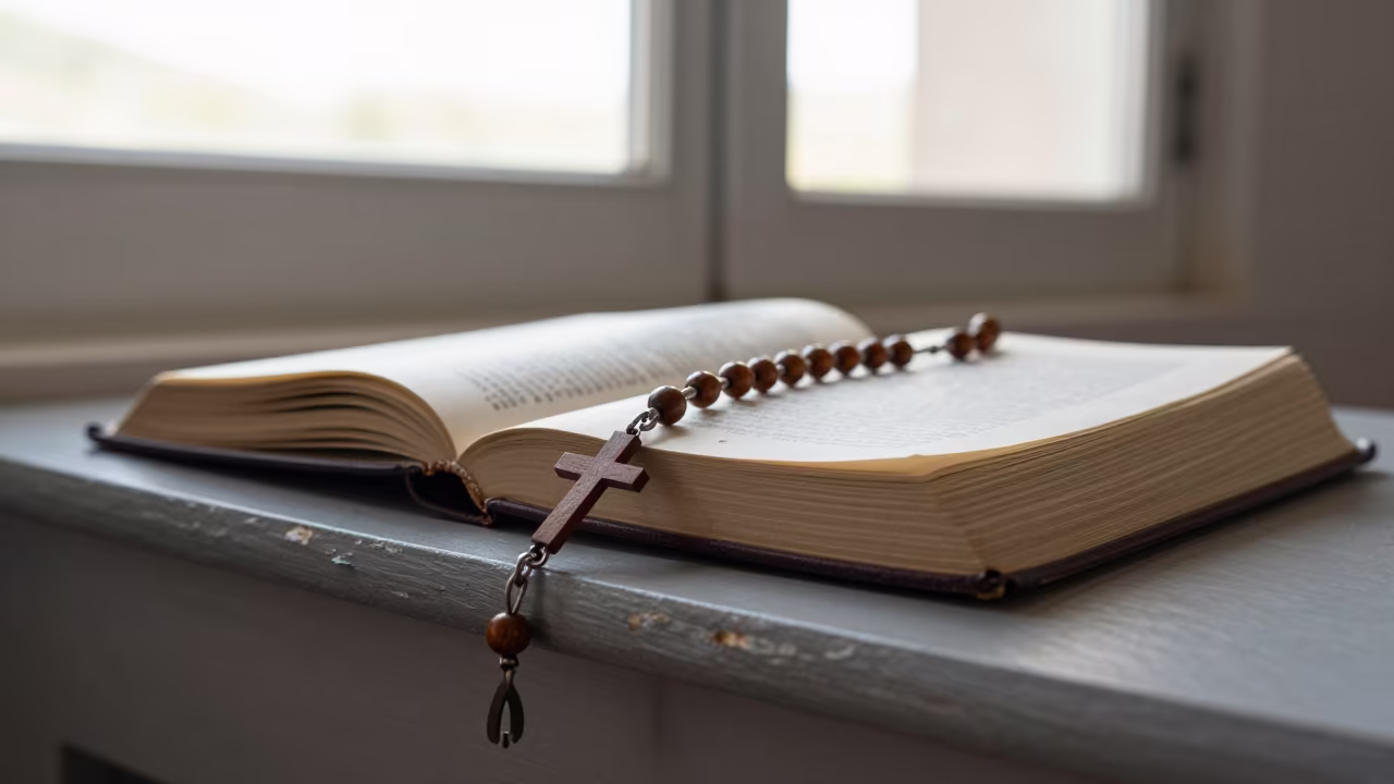 Wooden Rosary Beads on Missal in Chimoio in on a painted display ledge near Chimoio