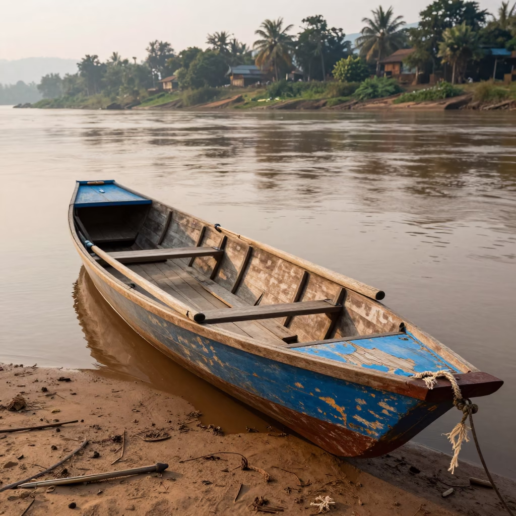 Wooden Rowing Boat in Luang Prabang in in Luang Prabang, Laos