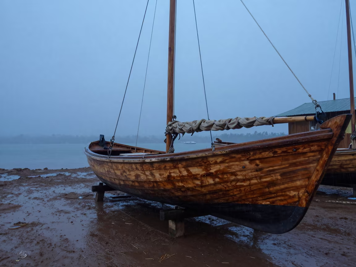 Wooden Sailboat in Foggy Cameroon Boatyard in beside a fogbound harbor mouth in Cameroon