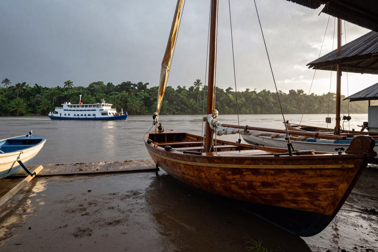 Wooden Sailboat in Rainy Guatemala Boatyard in across a remote ferry crossing in Guatemala