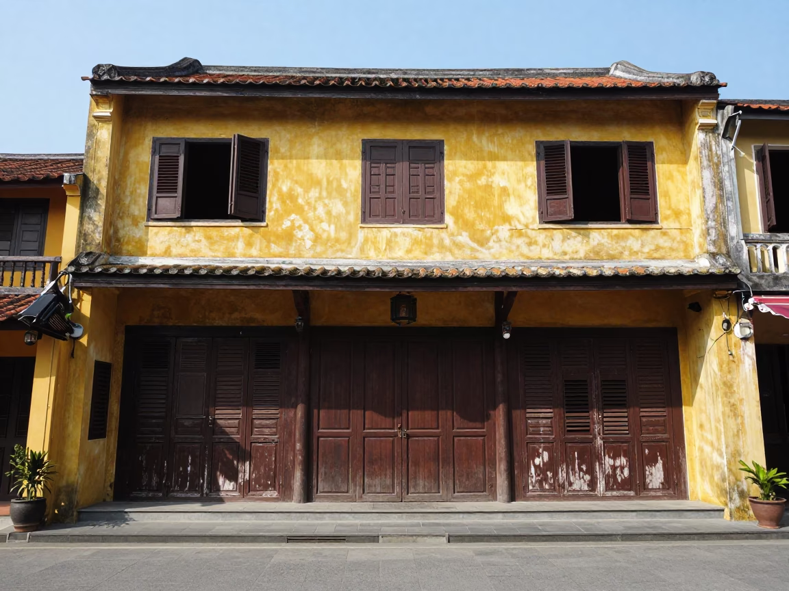 Wooden Shopfront in Hoi An at Flat Noon Light in in Hoi An, Vietnam