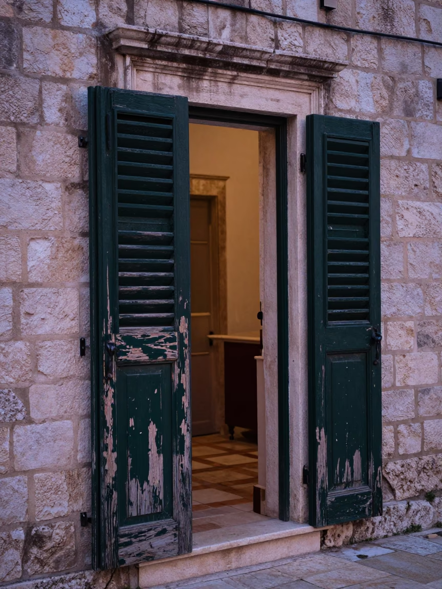 Wooden Shutters at Nautical Dawn Light in Dubrovnik in in Dubrovnik, Croatia