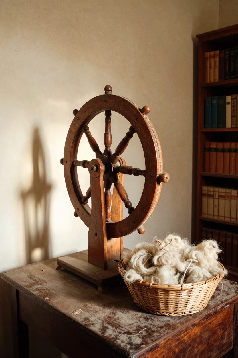 Wooden Spinning Wheel and Fleece on Jaipur Library Table in on a dusty library table in Jaipur