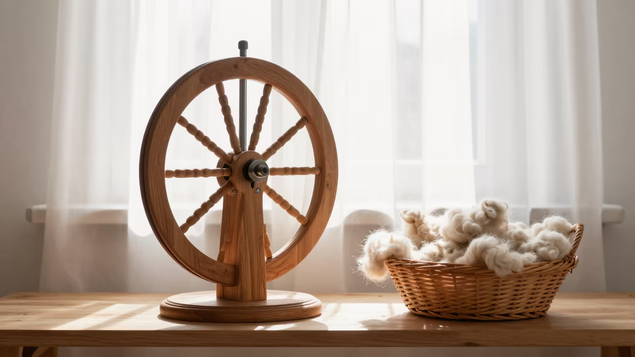 Wooden Spinning Wheel with Raw Fleece in St Petersburg Workshop in on a workshop shelf in St Petersburg