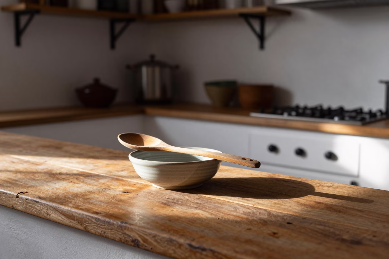 Wooden Spoon and Darkened Grain in Essaouira Kitchen Afternoon Light in in Essaouira, Morocco