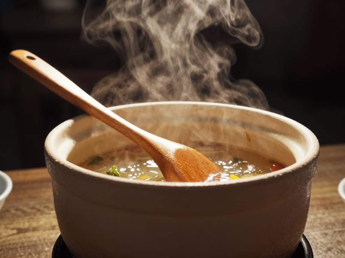 Wooden Spoon Over Simmering Soup in Bishkek in on a small dining table by a window in Bishkek