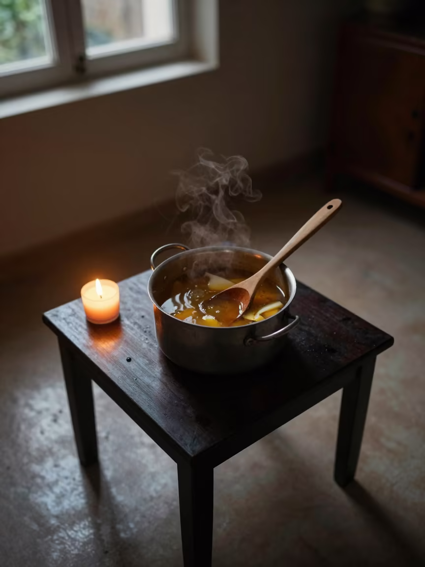 Wooden Spoon Simmering Soup Evening Table in on a small dining table by a window in Mohali