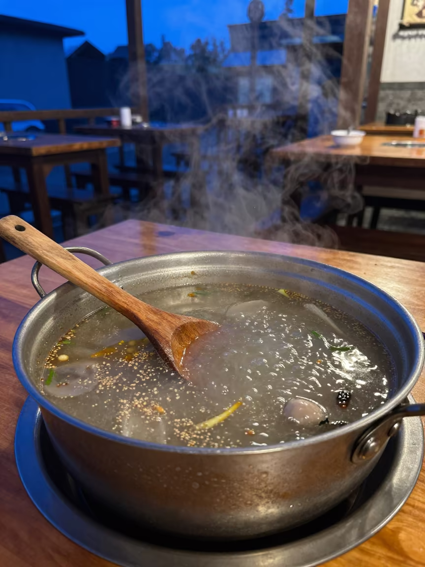 Wooden Spoon Resting on Simmering Soup Pot in Dinajpur in on a restaurant table in Dinajpur