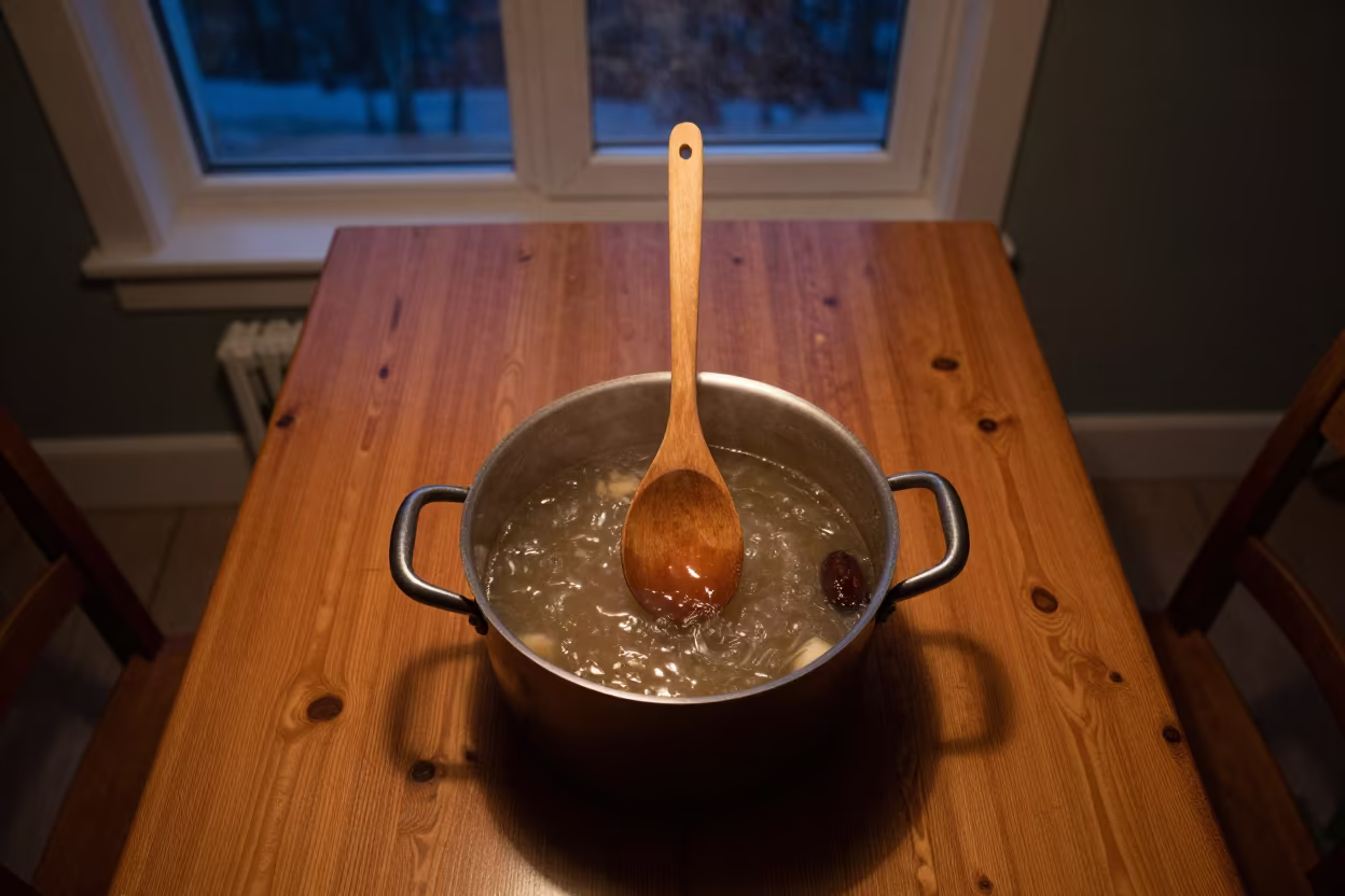 Wooden Spoon Over Simmering Soup Pot in on a small dining table by a window in Fairbanks