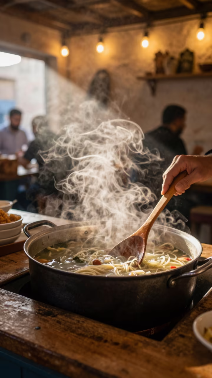 Wooden Spoon Over Simmering Soup at Zarqa Noodle Counter in at a noodle counter in Zarqa