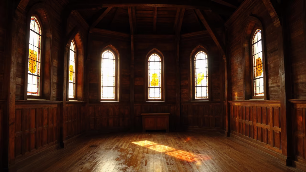Wooden Stave Church Mekelle Stained Glass in in a chapel lit by stained glass in Mekelle