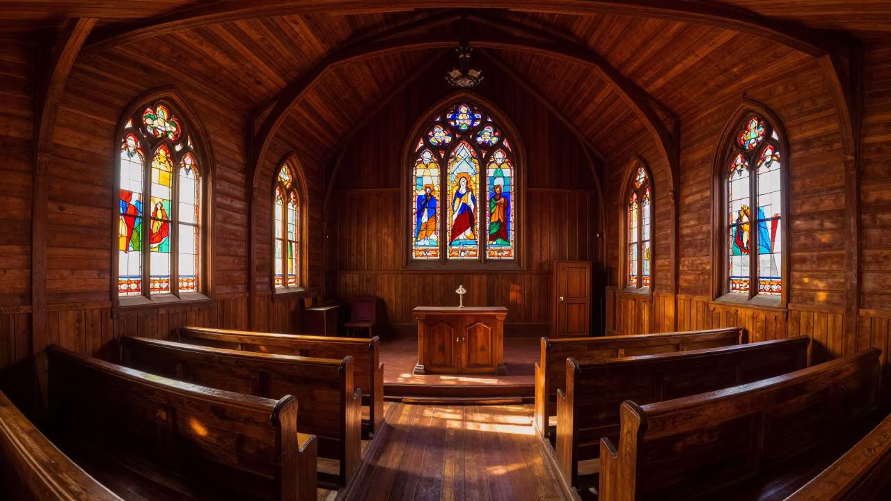 Wooden Stave Church in Soweto Chapel Light in in a chapel lit by stained glass in Soweto