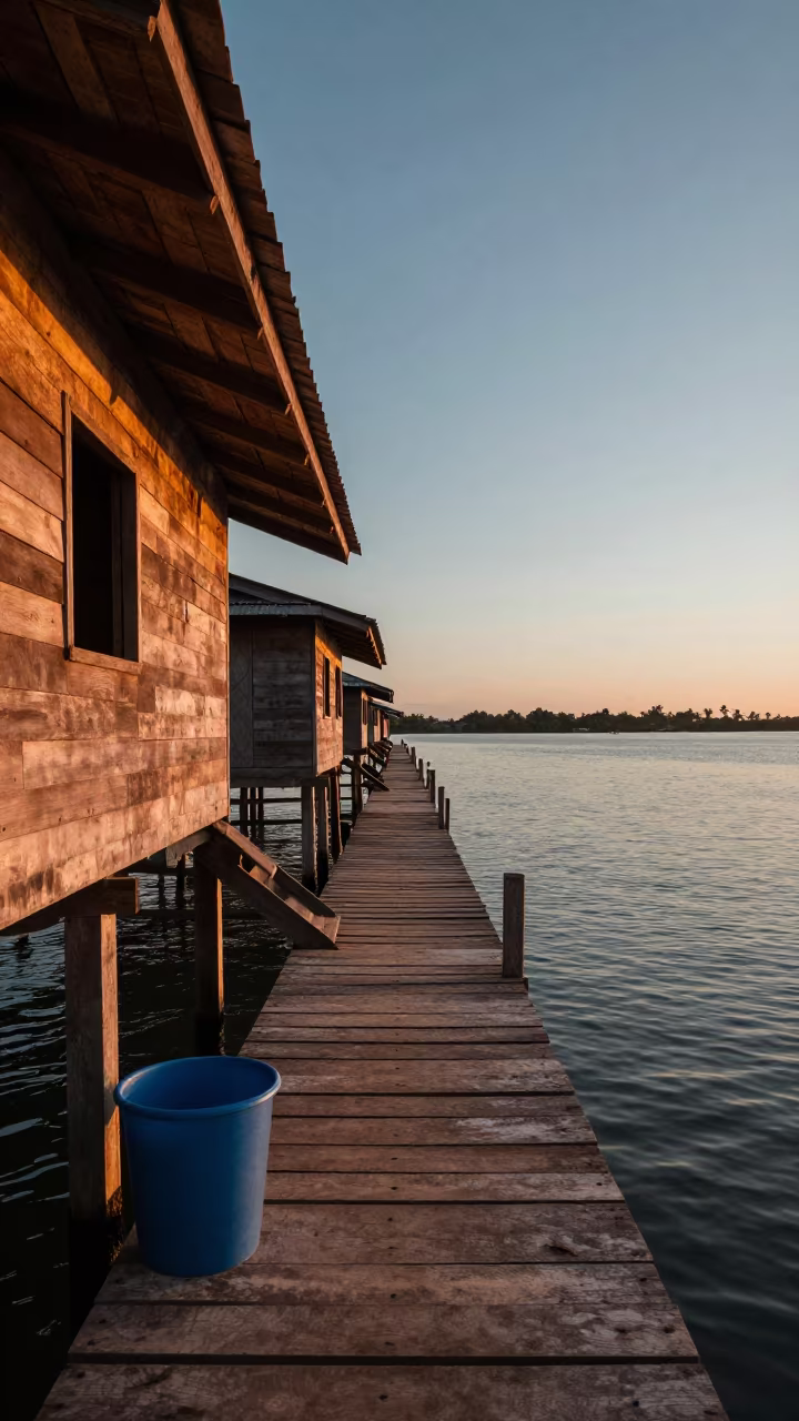 Wooden Stilt House Over Tropical Lagoon at Sunset in near Maputo