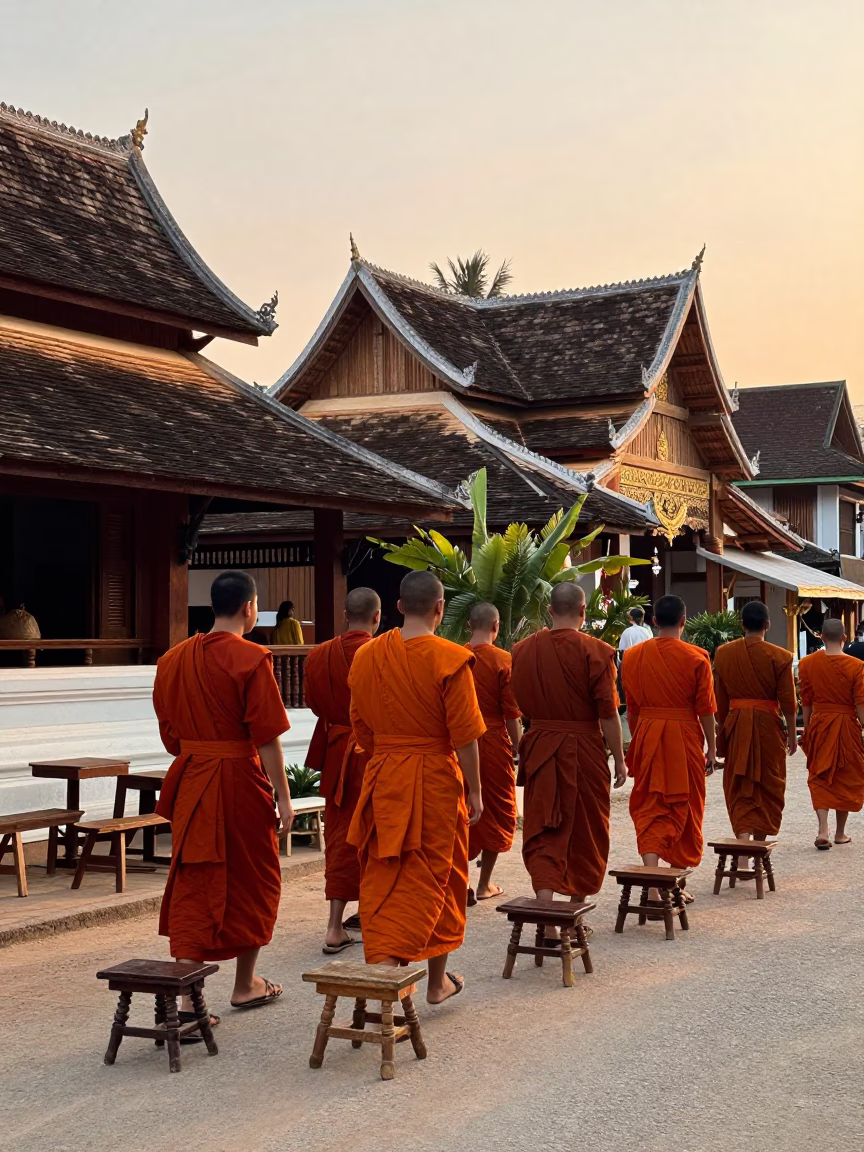 Wooden Stools just after sunrise in Luang Prabang in in Luang Prabang, Laos
