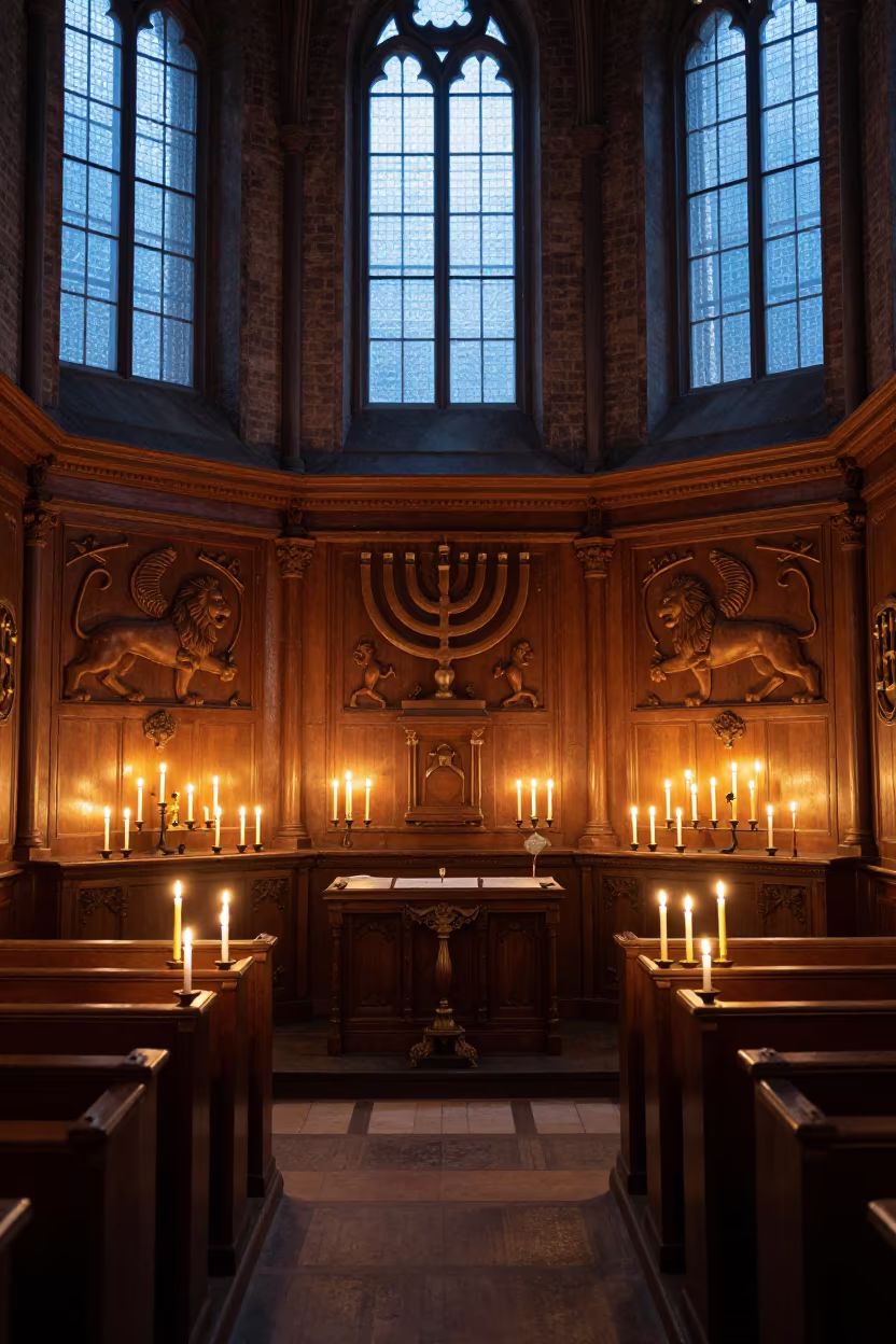 Wooden Synagogue Interior Carved Lions Menorahs in inside a synagogue sanctuary in Lubeck
